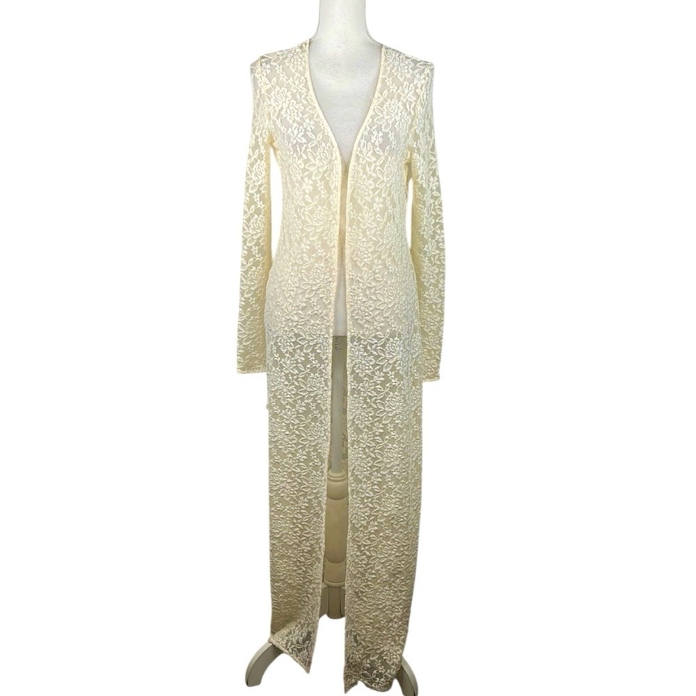 Forever 21 Cream Lace Long Boho Festival 90's Y2K Floral Cardigan Size Medium